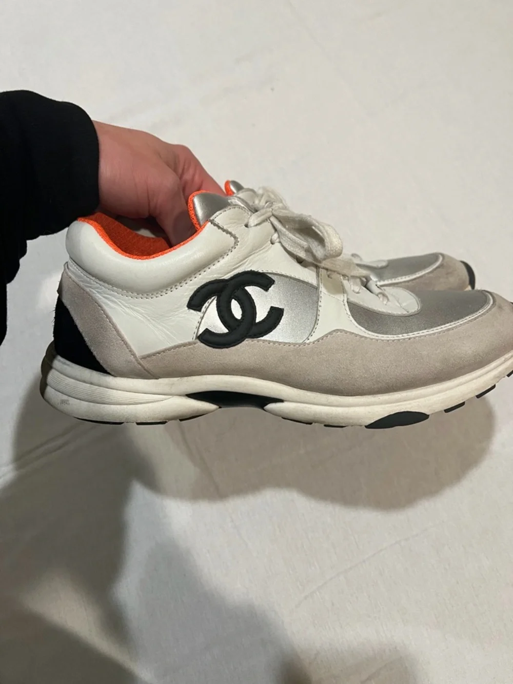 CHANEL White, Gray & Black Suede Leather Runner Sneakers with Orange Lining